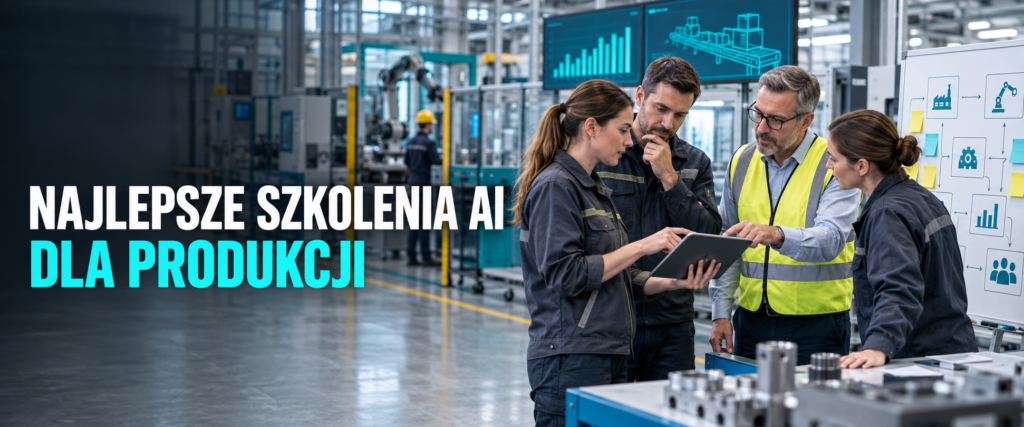 Najlepsze szkolenia AI dla produkcji – zespół liderów i inżynierów w nowoczesnej fabryce