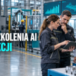 Najlepsze szkolenia AI dla produkcji – zespół liderów i inżynierów w nowoczesnej fabryce