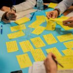 Team workshop using sticky notes to examine a system