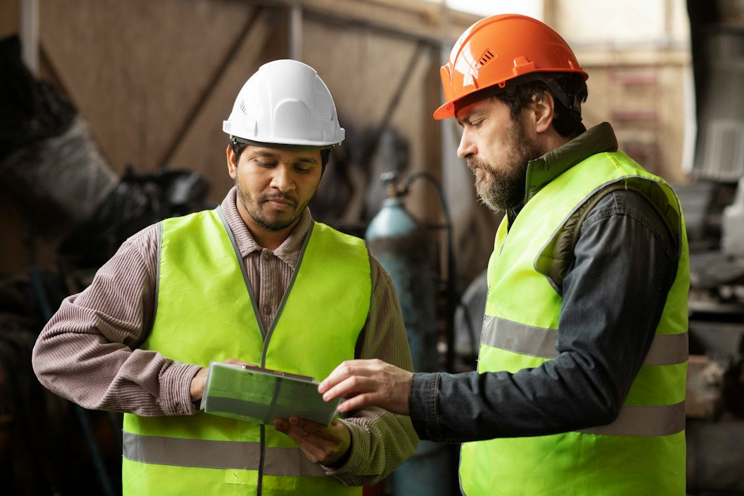 Two manufacturing colleagues in safety equipment discussing a workplace problem